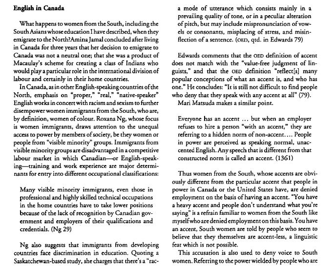 English in Canada What happens to women from the South, including the South Asians whose education I have