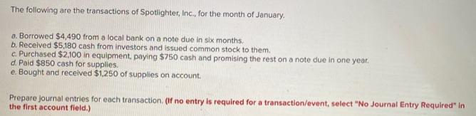 The following are the transactions of Spotlighter, Inc., for the month of January. a. Borrowed $4,490 from a