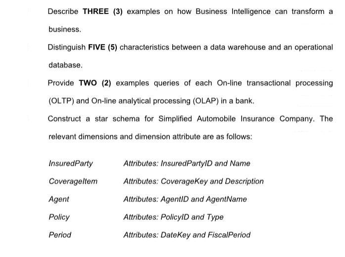 Describe THREE (3) examples on how Business Intelligence can transform a business. Distinguish FIVE (5)