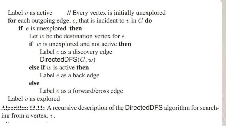 Label v as active // Every vertex is initially unexplored for each outgoing edge, e, that is incident to v in