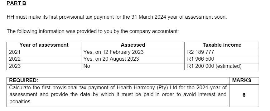 PART B HH must make its first provisional tax payment for the 31 March 2024 year of assessment soon. The