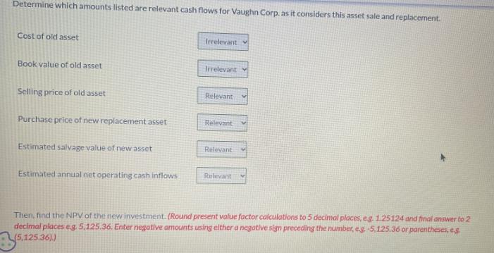 Determine which amounts listed are relevant cash flows for Vaughn Corp. as it considers this asset sale and