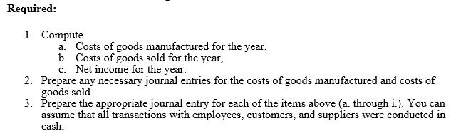 Required: 1. Compute a. Costs of goods manufactured for the b. Costs of goods sold for the year, c. Net