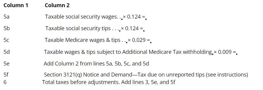 Column 1 5a 5b 5c 5d 5e 5f 6 Column 2 Taxable social security wages... 0.124 =. Taxable social security