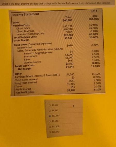 What is the total amount of costs that change with the level of sales activity shown on the Income Income