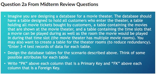 Question 2a From Midterm Review Questions Imagine you are designing a database for a movie theater. The