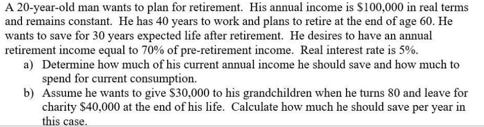 A 20-year-old man wants to plan for retirement. His annual income is $100,000 in real terms and remains