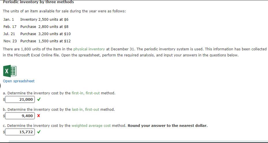 Periodic inventory by three methods The units of an item available for sale during the year were as follows: