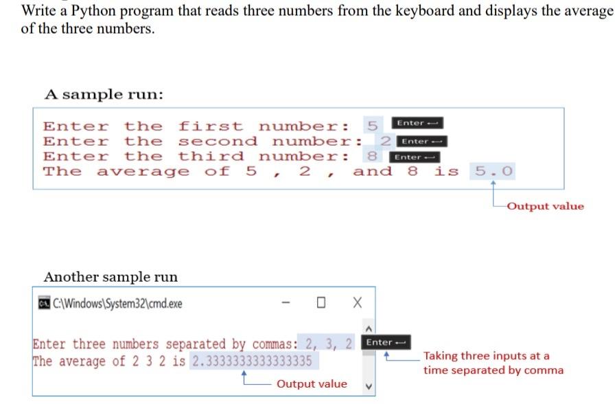 Write a Python program that reads three numbers from the keyboard and displays the average of the three