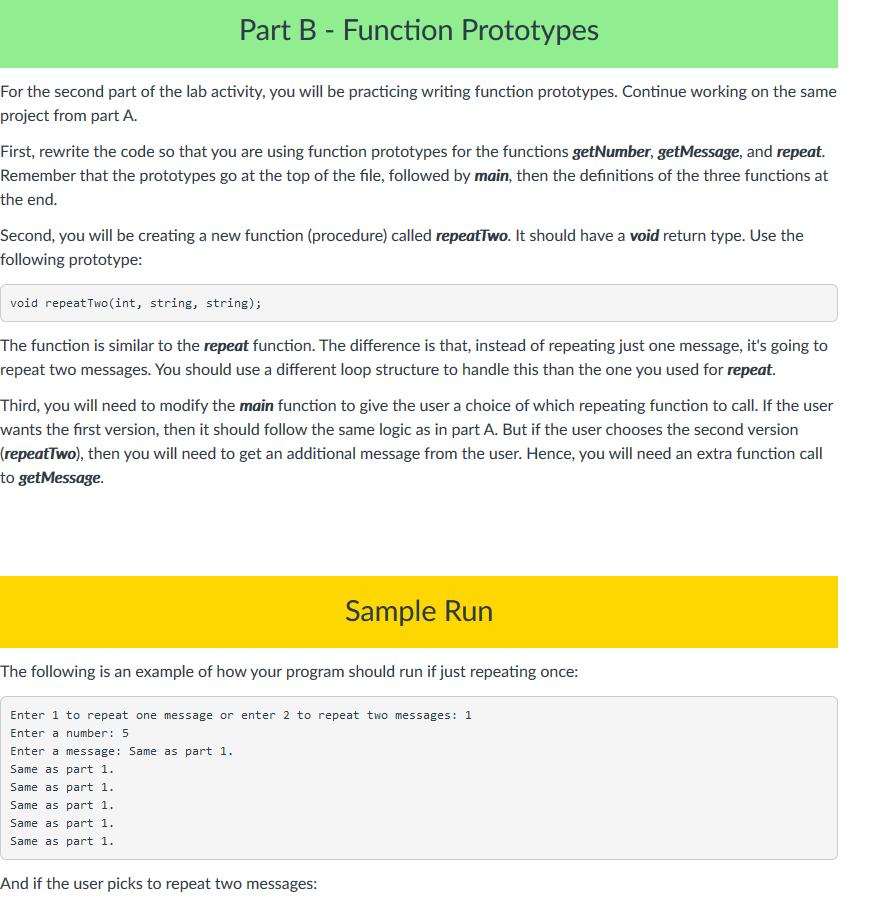 Part B - Function Prototypes For the second part of the lab activity, you will be practicing writing function