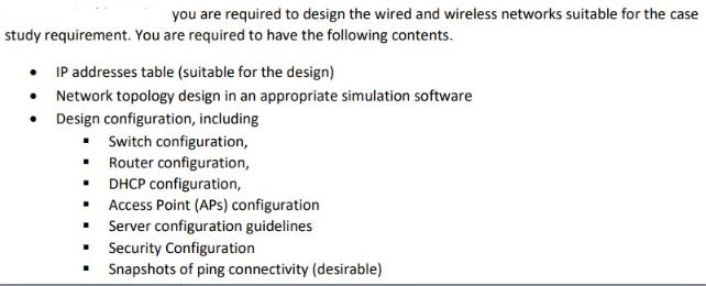 you are required to design the wired and wireless networks suitable for the case study requirement. You are