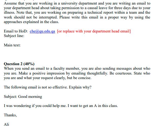 Assume that you are working in a university department and you are writing an email to your department head
