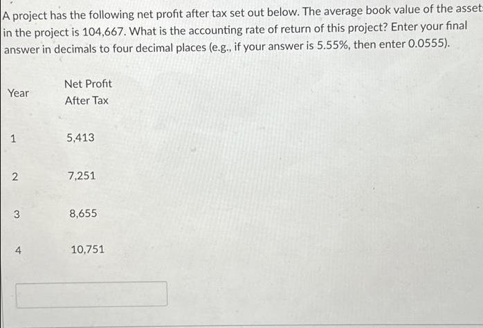 A project has the following net profit after tax set out below. The average book value of the asset- in the