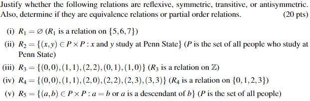 Justify whether the following relations are reflexive, symmetric, transitive, or antisymmetric. Also,