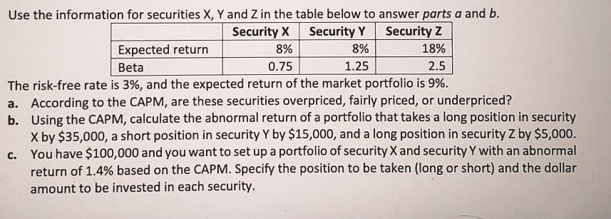 Use the information for securities X,Y and Z in the table below to answer parts a and b. Security X Security