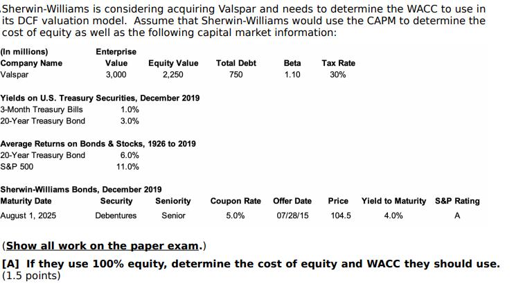 Sherwin-Williams is considering acquiring Valspar and needs to determine the WACC to use in its DCF valuation