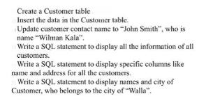 Create a Customer table Insert the data in the Customer table. Update customer contact name to John Smith