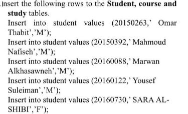 Insert the following rows to the Student, course and study tables. Insert into student values (20150263, Omar