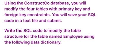 Using the ConstructCo database, you will modify the four tables with primary key and foreign key constraints.