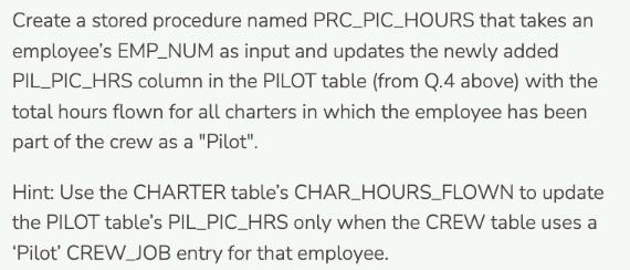 Create a stored procedure named PRC_PIC_HOURS that takes an employee's EMP_NUM as input and updates the newly