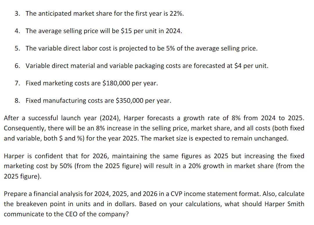 3. The anticipated market share for the first year is 22%. 4. The average selling price will be $15 per unit