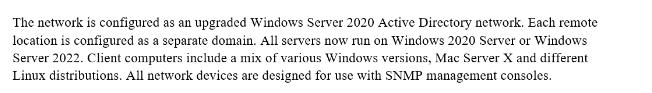 The network is configured as an upgraded Windows Server 2020 Active Directory network. Each remote location