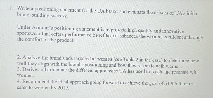 1. Write a positioning statement for the UA brand and evaluate the drivers of UA's initial brand-building