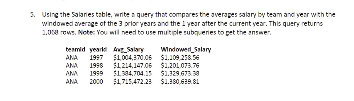 5. Using the Salaries table, write a query that compares the averages salary by team and year with the