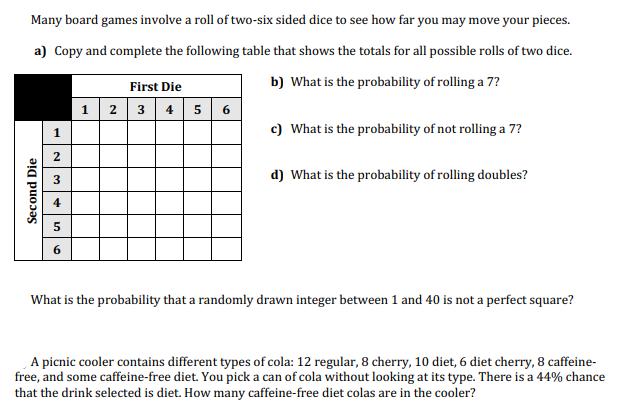 Many board games involve a roll of two-six sided dice to see how far you may move your pieces. a) Copy and