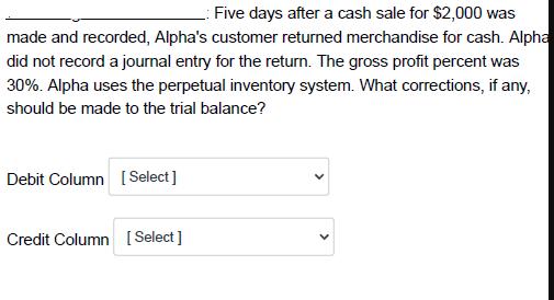 Five days after a cash sale for $2,000 was made and recorded, Alpha's customer returned merchandise for cash.
