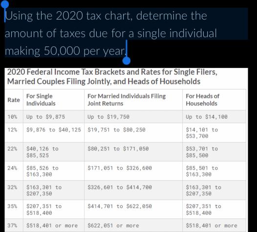 Using the 2020 tax chart, determine the amount of taxes due for a single individual making 50,000 per year.