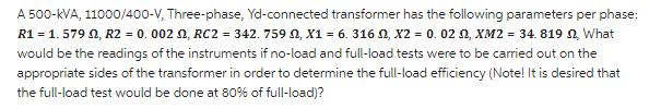 A 500-KVA, 11000/400-V, Three-phase, Yd-connected transformer has the following parameters per phase: R1 =