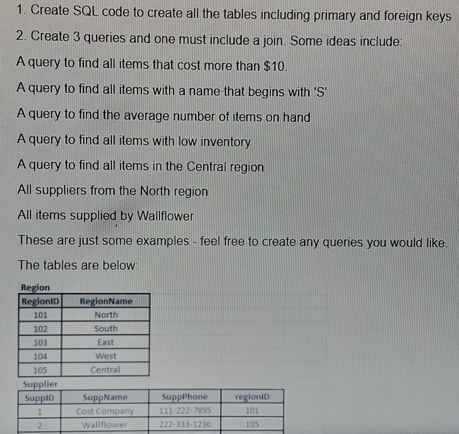 1. Create SQL code to create all the tables including primary and foreign keys 2. Create 3 queries and one