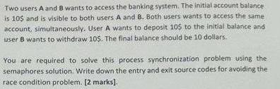 Two users A and B wants to access the banking system. The initial account balance is 10$ and is visible to