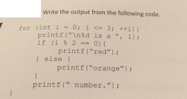 } Write the output from the following code. for (int i = 0; i