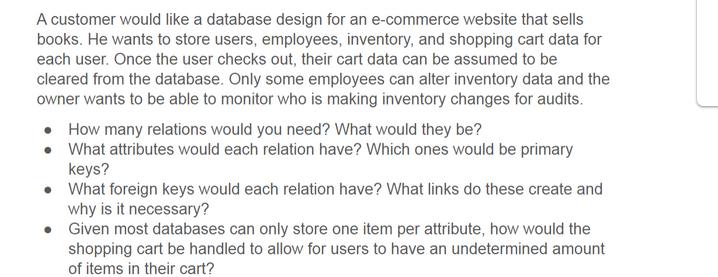 A customer would like a database design for an e-commerce website that sells books. He wants to store users,