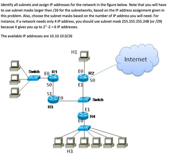 Identify all subnets and assign IP addresses for the network in the figure below. Note that you will have to