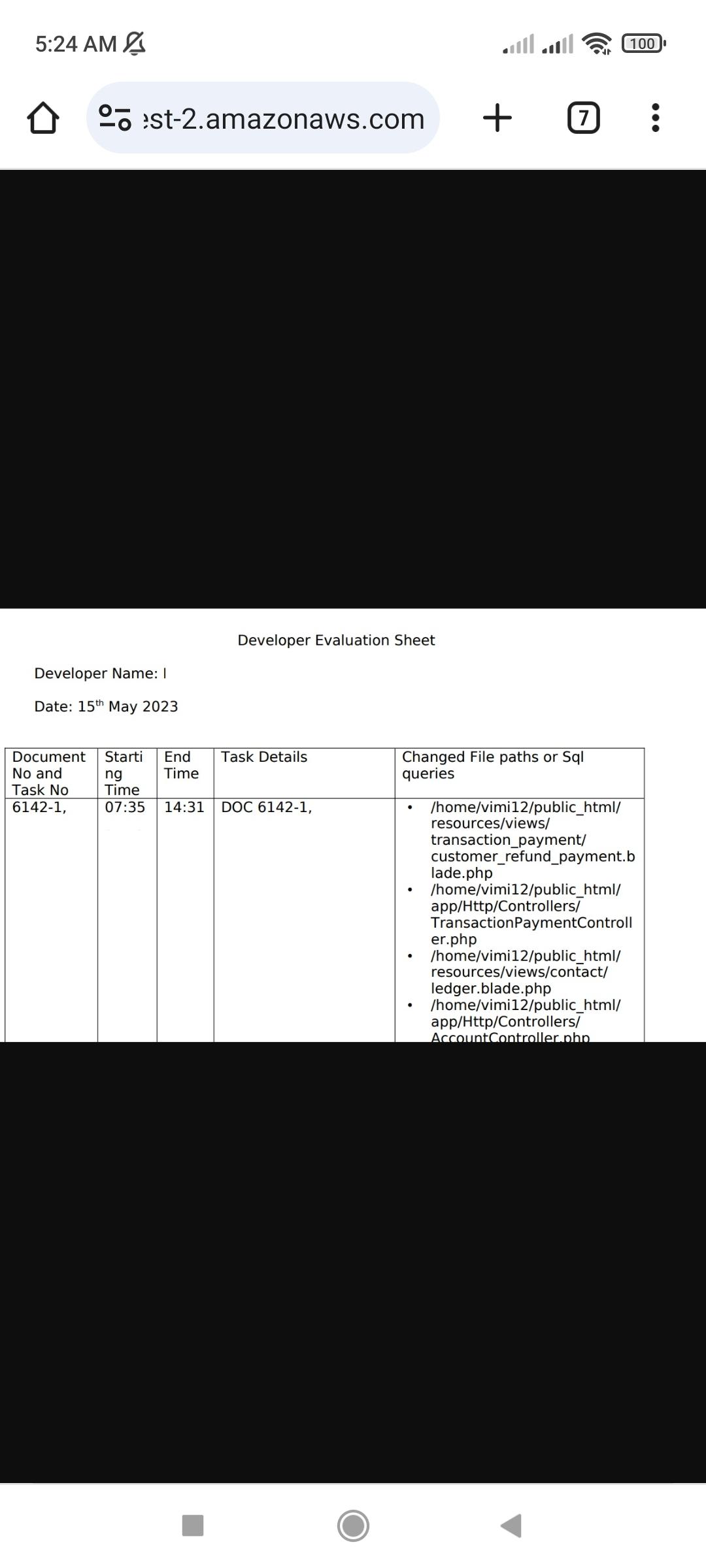 5:24 AM est-2.amazonaws.com + Developer Name: I Date: 15th May 2023 Document Starti End No and Time Task No