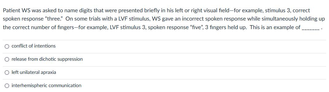 Patient WS was asked to name digits that were presented briefly in his left or right visual field-for