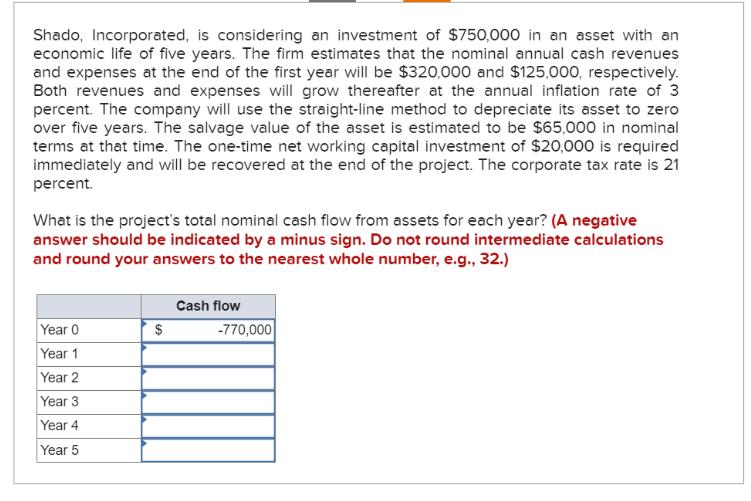 Shado, Incorporated, is considering an investment of $750,000 in an asset with an economic life of five