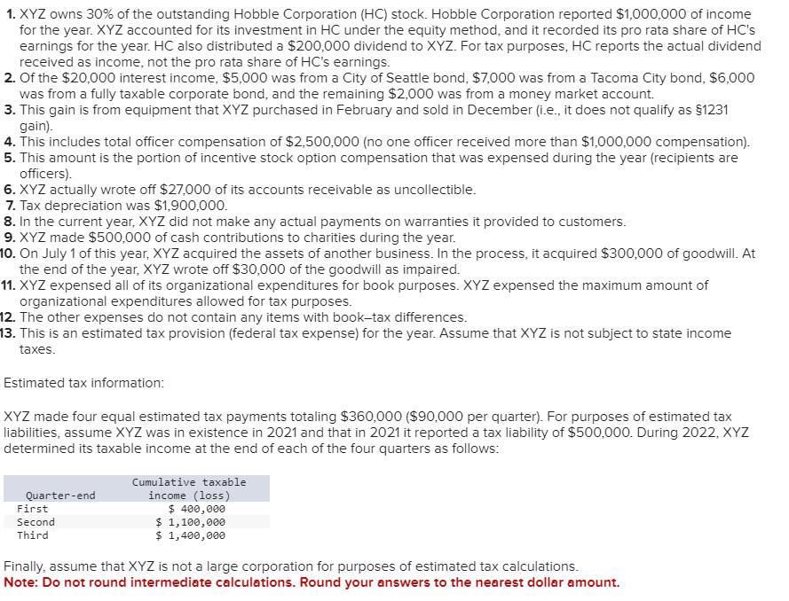 1. XYZ owns 30% of the outstanding Hobble Corporation (HC) stock. Hobble Corporation reported $1,000,000 of