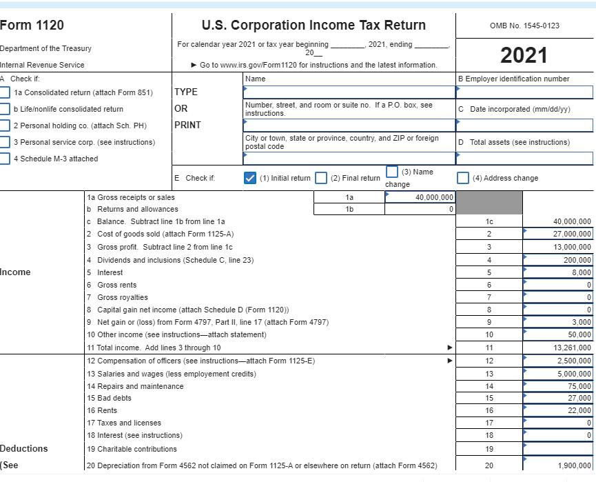 Form 1120 Department of the Treasury Internal Revenue Service A Check if: 1a Consolidated return (attach Form