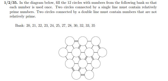 1/2/35. In the diagram below, fill the 12 circles with numbers from the following bank so that each number is