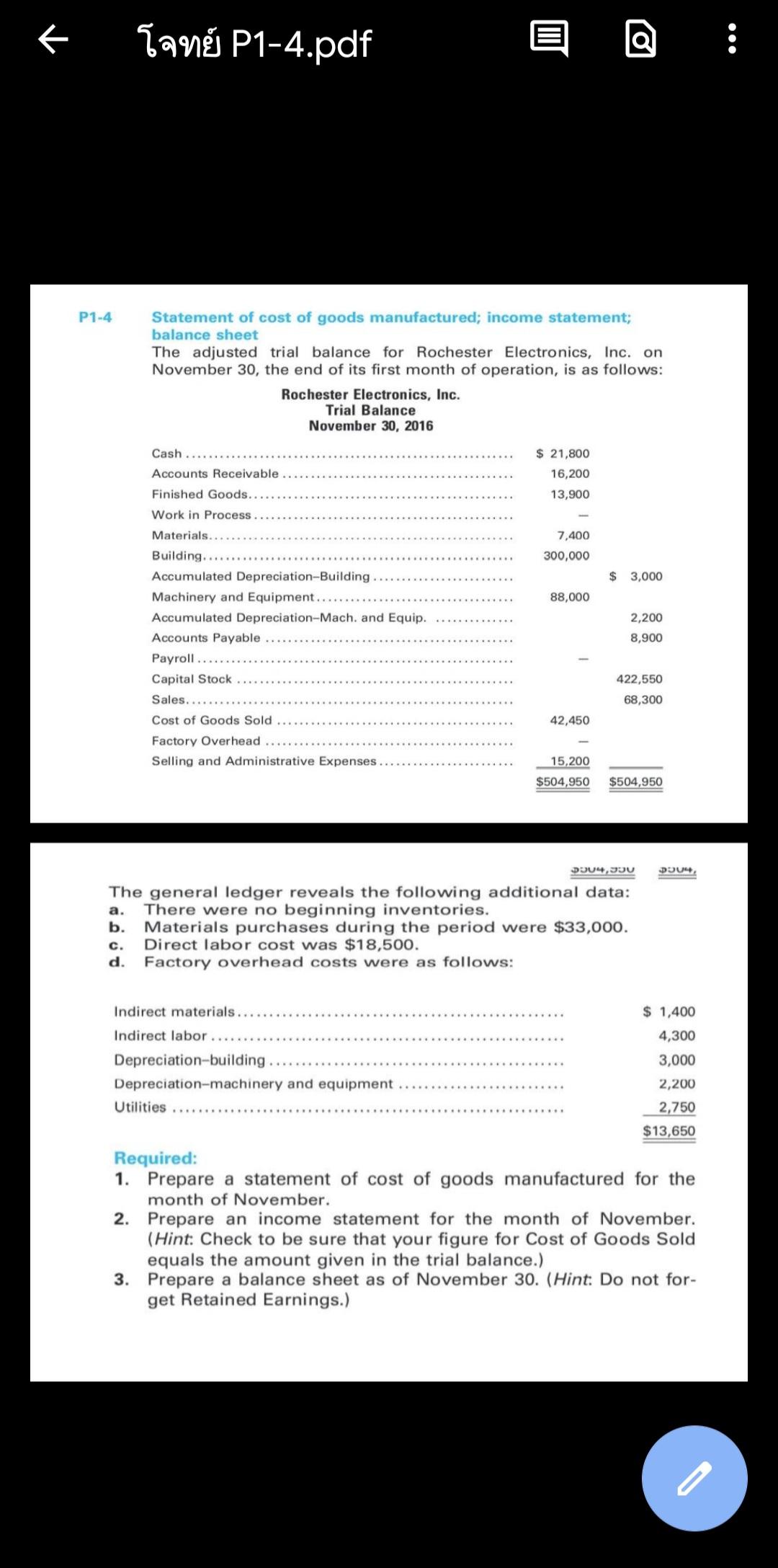 k P1-4 Tang P1-4.pdf Statement of cost of goods manufactured; income statement; balance sheet The adjusted