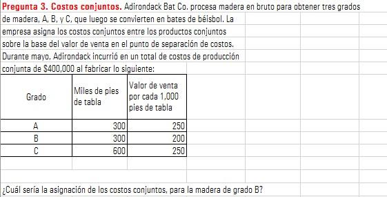 Pregunta 3. Costos conjuntos. Adirondack Bat Co. procesa madera en bruto para obtener tres grados de madera,