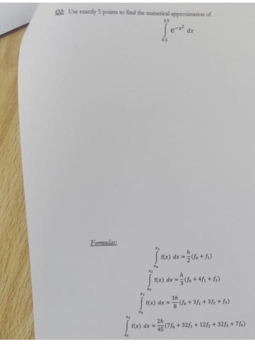22: Use exactly 5 points to find the numerical approximation of 3.5 e-x dx Formulas: To 0.5 [10) de f(x) dx =