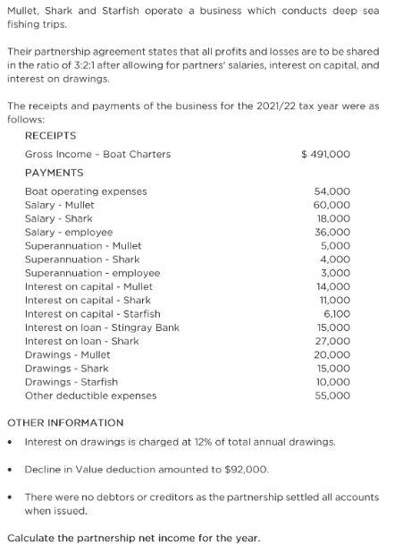 Mullet, Shark and Starfish operate a business which conducts deep sea fishing trips. Their partnership