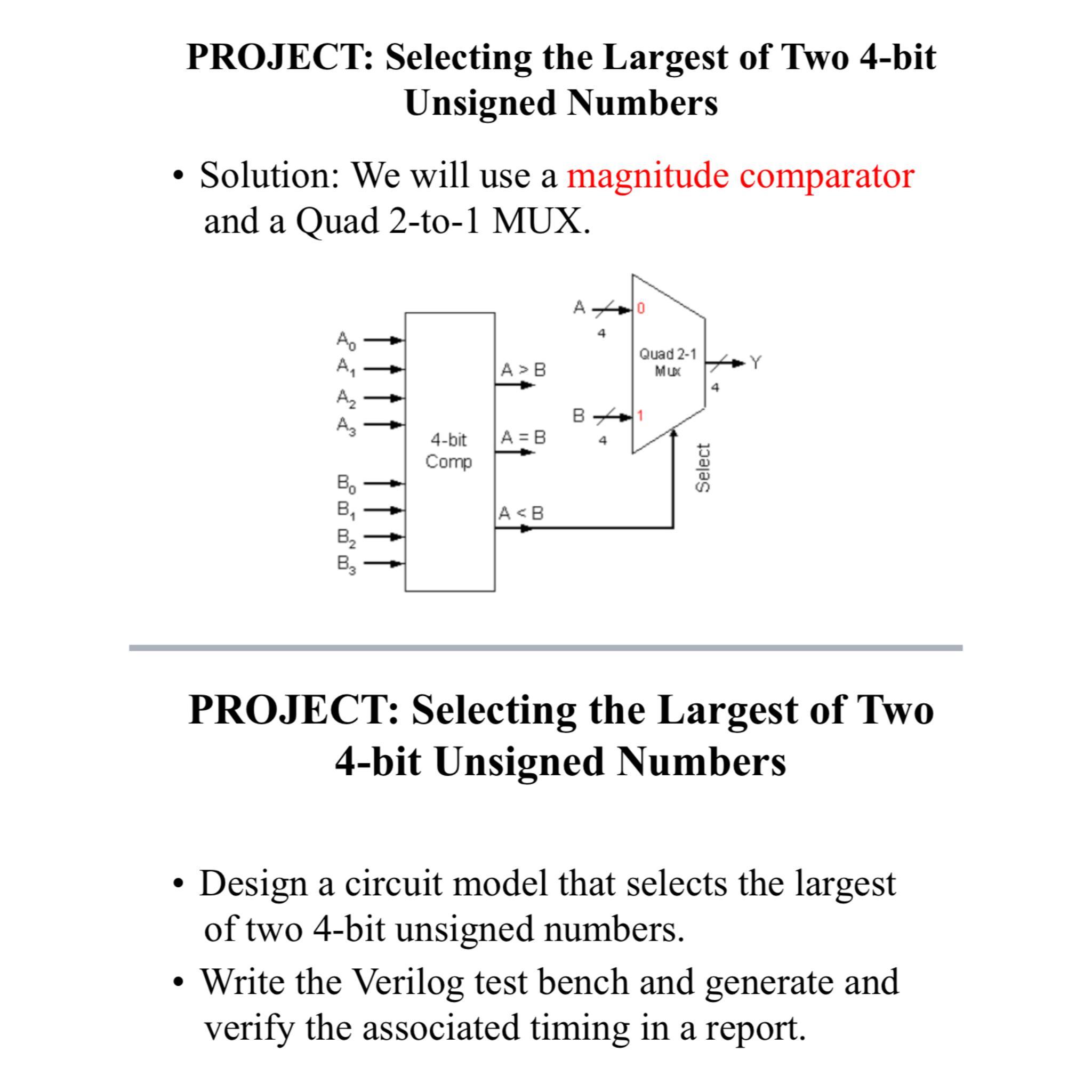 PROJECT: Selecting the Largest of Two 4-bit Unsigned Numbers  Solution: We will use a magnitude comparator