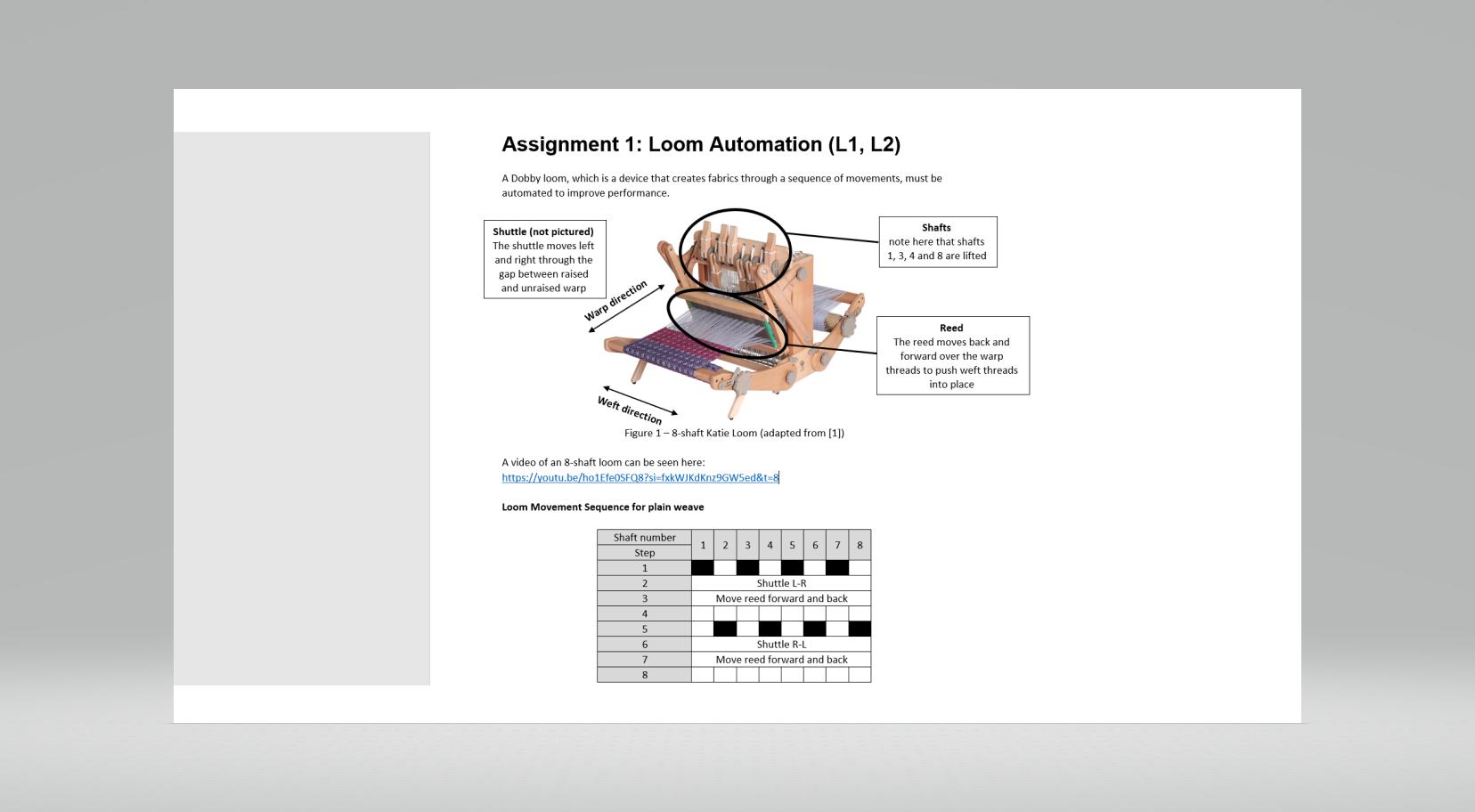 Assignment 1: Loom Automation (L1, L2) A Dobby loom, which is a device that creates fabrics through a