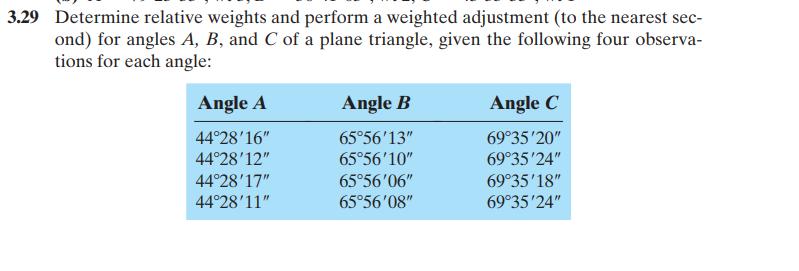 3.29 Determine relative weights and perform a weighted adjustment (to the nearest sec- ond) for angles A, B,